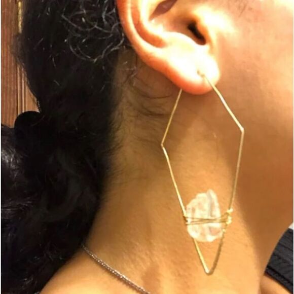 Crystal Quartz Stone Gold Geometric Triangle Hoop Statement Earrings - Picture 10 of 14